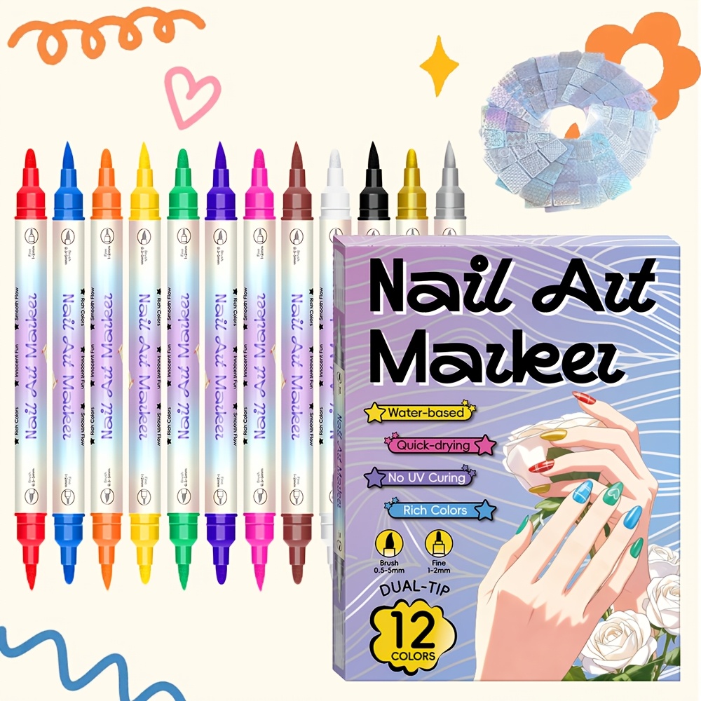 Copic Marker Sketch - 12色ネイルアートペンセット 24種類のステンシル 両端ネイル描画マーカー 速乾性 DIYマニキュアデコレーションツール クリエイティブ用