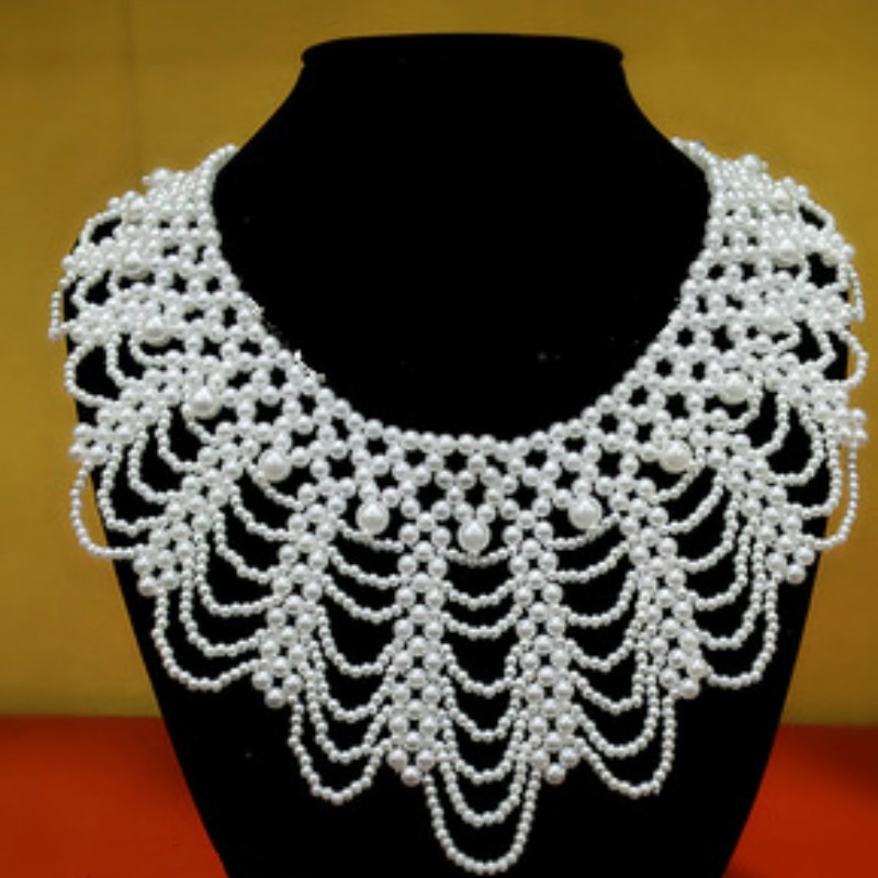 新しいパールビーズレーストリムカラーネックレスエレガントな中 - Beaded Trim Fringe のレビューと価格