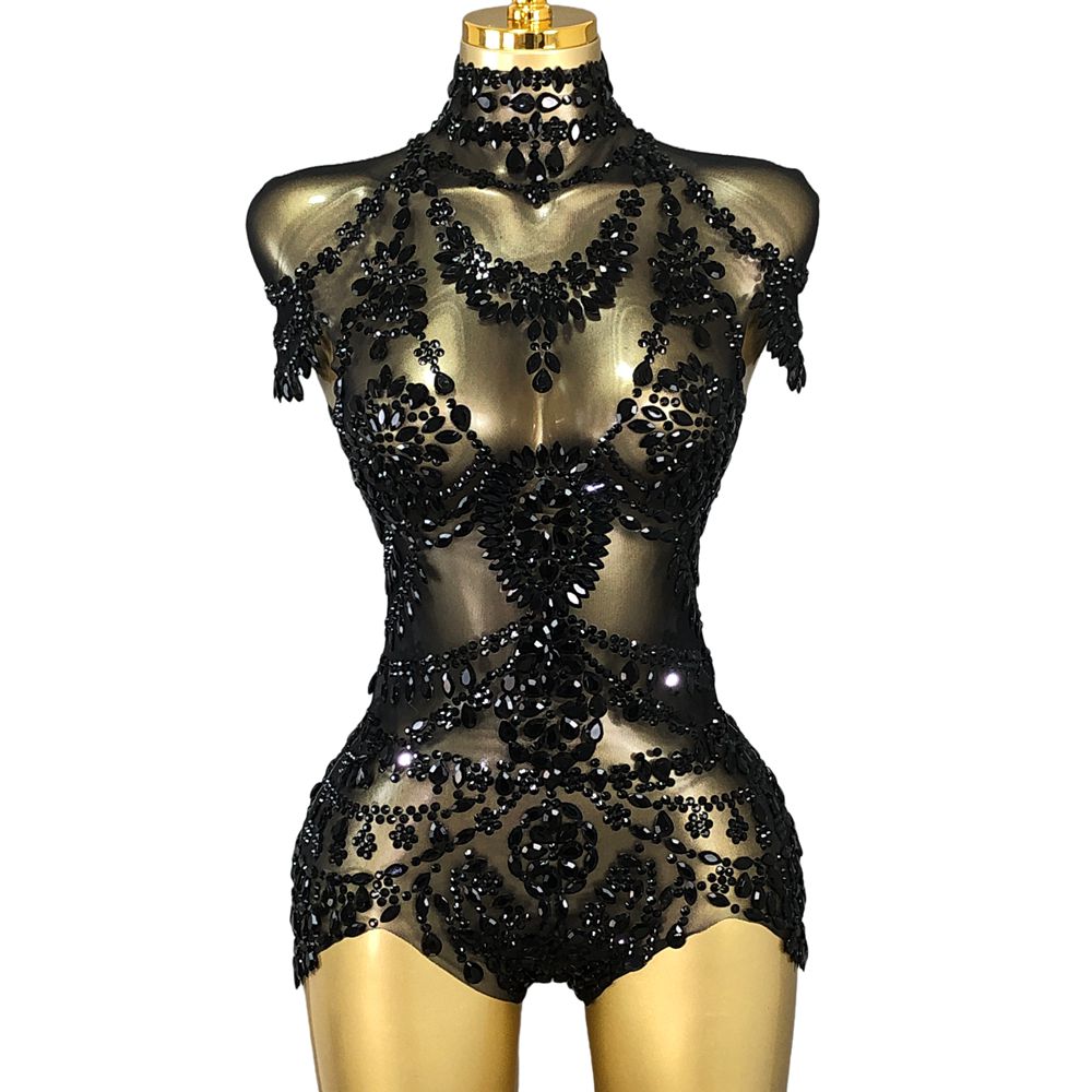 キラキララインストーンボディスーツ女性のセクシーなメッシュ透 - Rhinestone Banding Trim のレビューと価格